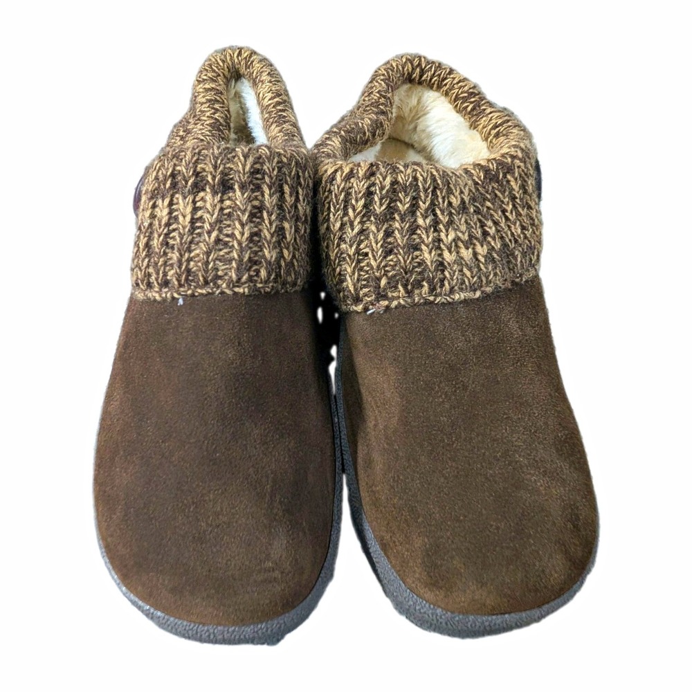 Clarks Women's 7 Brown Suede Knit Collar Clog Slippers Faux Fur Button